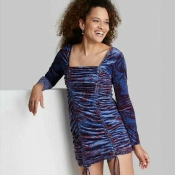 Wild fable Velvet Bodycon Blue Marble Long Sleeve Ruched Mini Dress Medium NWT - Picture 1 of 6